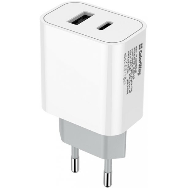 Сетевое зарядное устройство СolorWay Type-C PD + USB QC3.0 20W V2 White (CW-CHS025QPD-WT) Выходной разъем USB 
