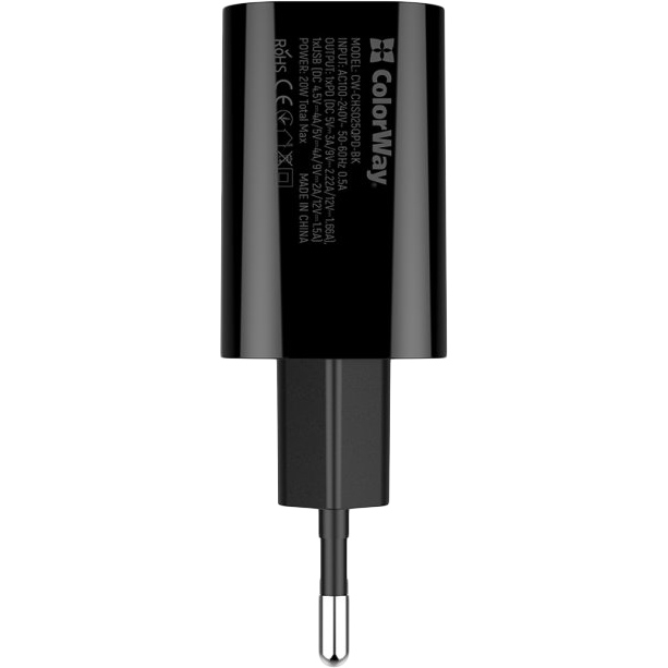 Сетевое зарядное устройство СolorWay Type-C PD + USB QC3.0 20W V2 Black (CW-CHS025QPD-BK) Кабель отсутствует