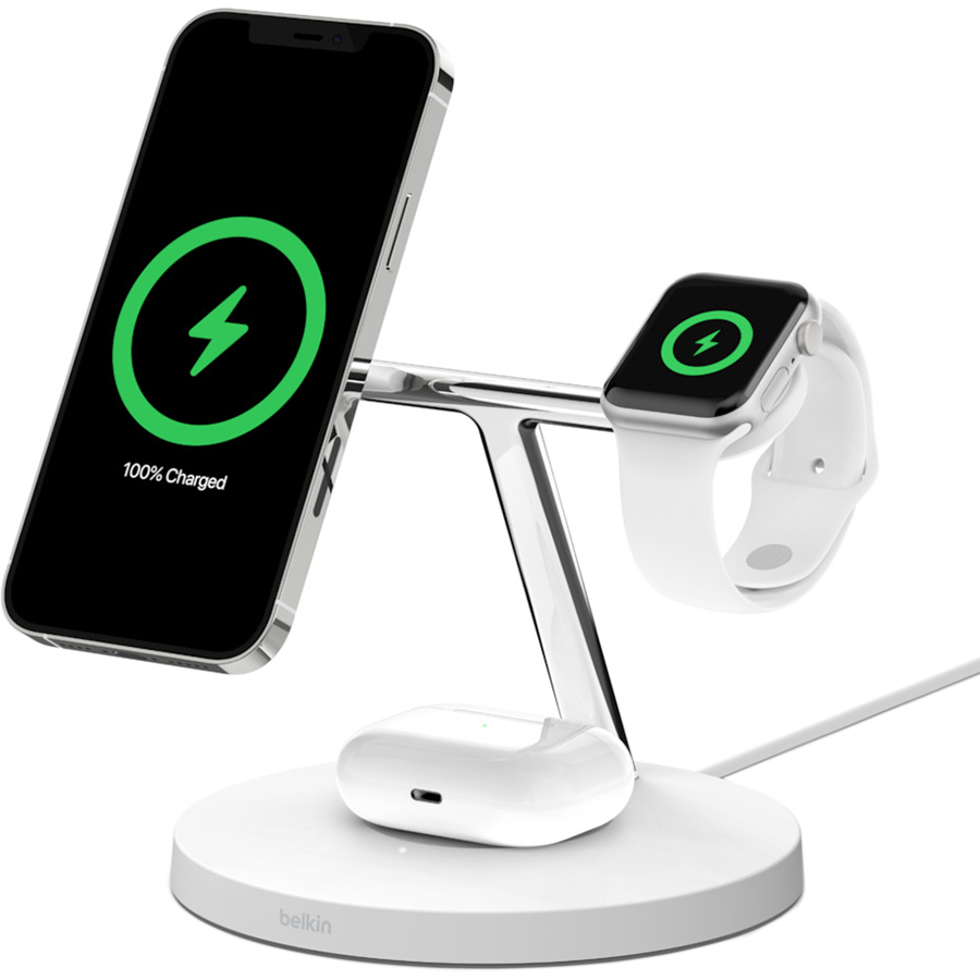 Внешний вид Беспроводное зарядное устройство BELKIN MagSafe 3 in 1 Wireless Charger White (WIZ009VFWH)