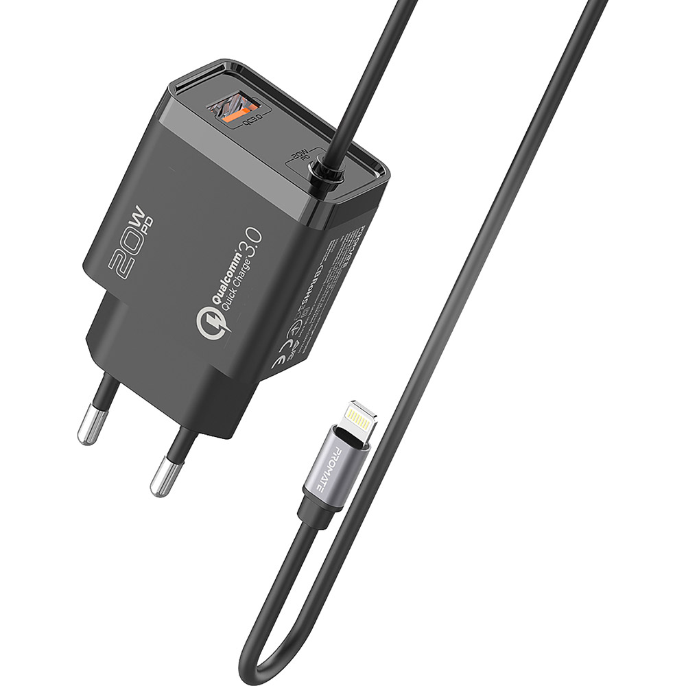 

Сетевое зарядное устройство Promate iCharge-PDQC3 20Вт PD Lightning connector+USB QC3.0 Black (icharge-pdqc3.black), icharge-pdqc3.black