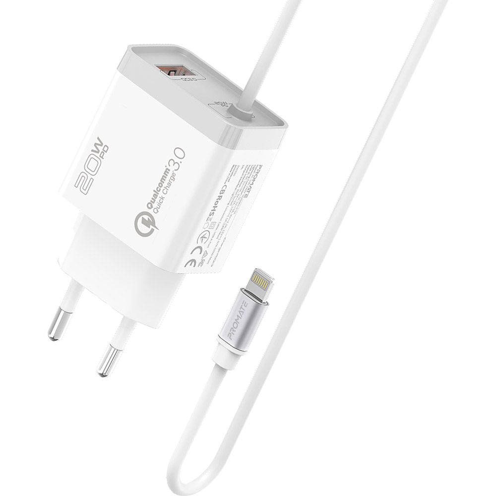 

Сетевое зарядное устройство Promate iCharge-PDQC3 20Вт PD Lightning connector+USB QC3.0 White (icharge-pdqc3.white), icharge-pdqc3.white