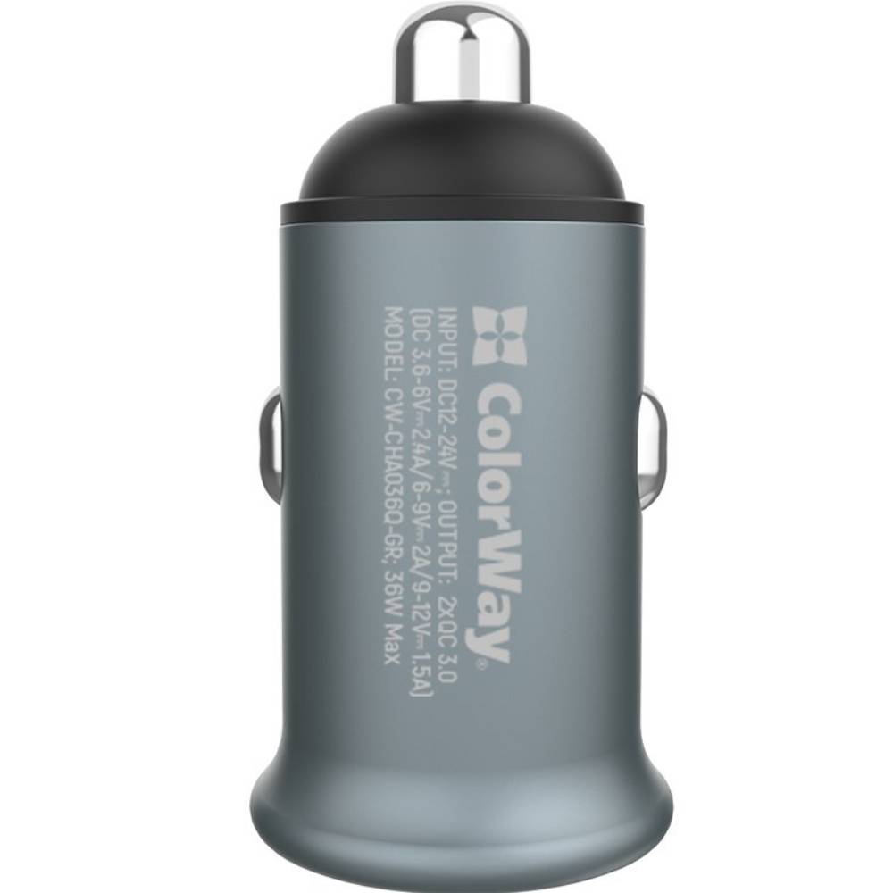 Автомобільний зарядний пристрій COLORWAY 2USB Quick Charge 3.0 36W Grey (CW-CHA036Q-GR) Особливості протоколи заряджання: AUTO-ID chip (Huawei Fast Charge, Quick Charge 2.0&3.0, Samsung Fast Charge, Apple 2.4A); два незалежні порти з підтримкою протоколів швидкого заряджання Quick Charge 2.0&3.0, Samsung AFC, Huawei SCP