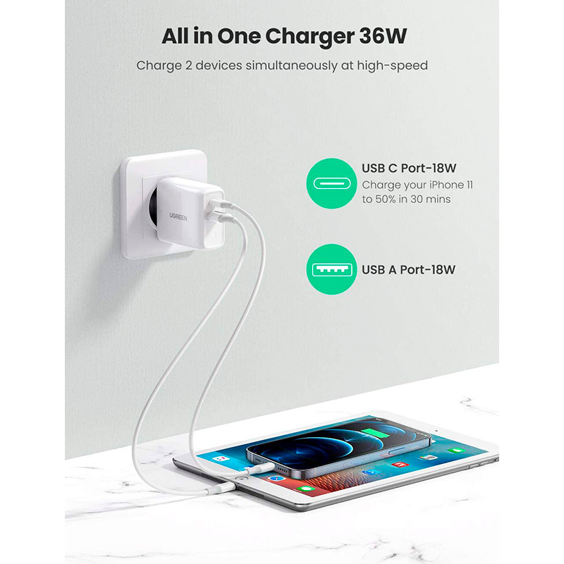 Сетевое зарядное устройство UGREEN CD170 36W USB/Type-C Charger White (UGR-60468) Тип сетевое зарядное устройство
