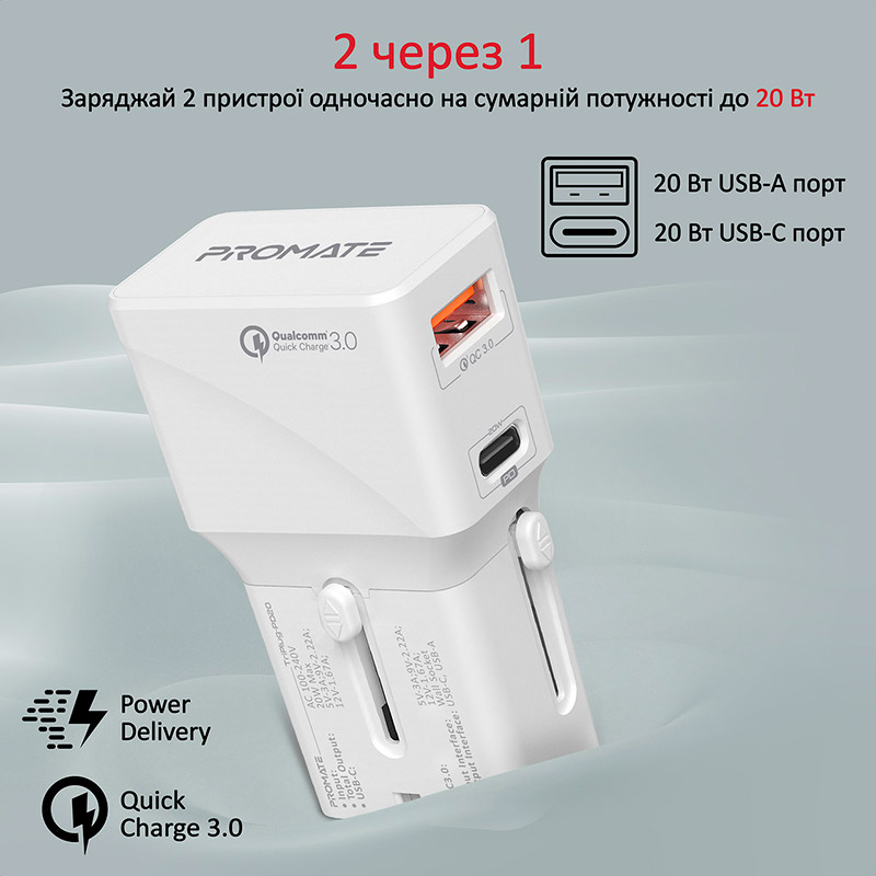 Сетевое зарядное устройство PROMATE TRIPLUG-PD20 White (triplug-pd20.white) Тип сетевое зарядное устройство