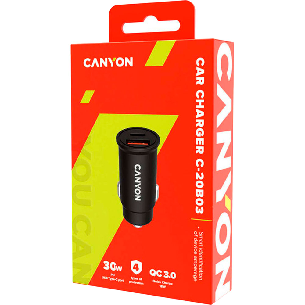 Автомобильное зарядное устройство CANYON C-20B03 USB-C USB-A PD3.0 30W QC3.0 18W (CNS-CCA20B03) Кабель отсутствует