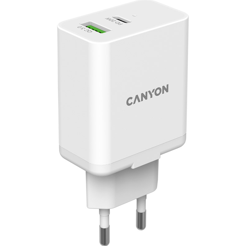 Сетевое зарядное устройство CANYON H-20W03 USB-C USB-A PD3.0 20W QC3.0 18W White (CNE-CHA20W03)