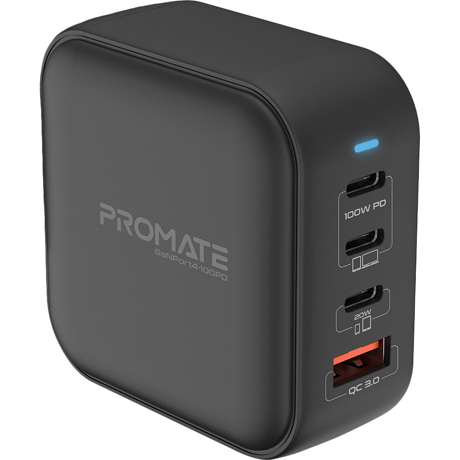 Мережевий зарядний пристрій Promate GaNPort4-100PD 100 Вт 3 х USB-C + USB-A Black (ganport4-100pd.black)