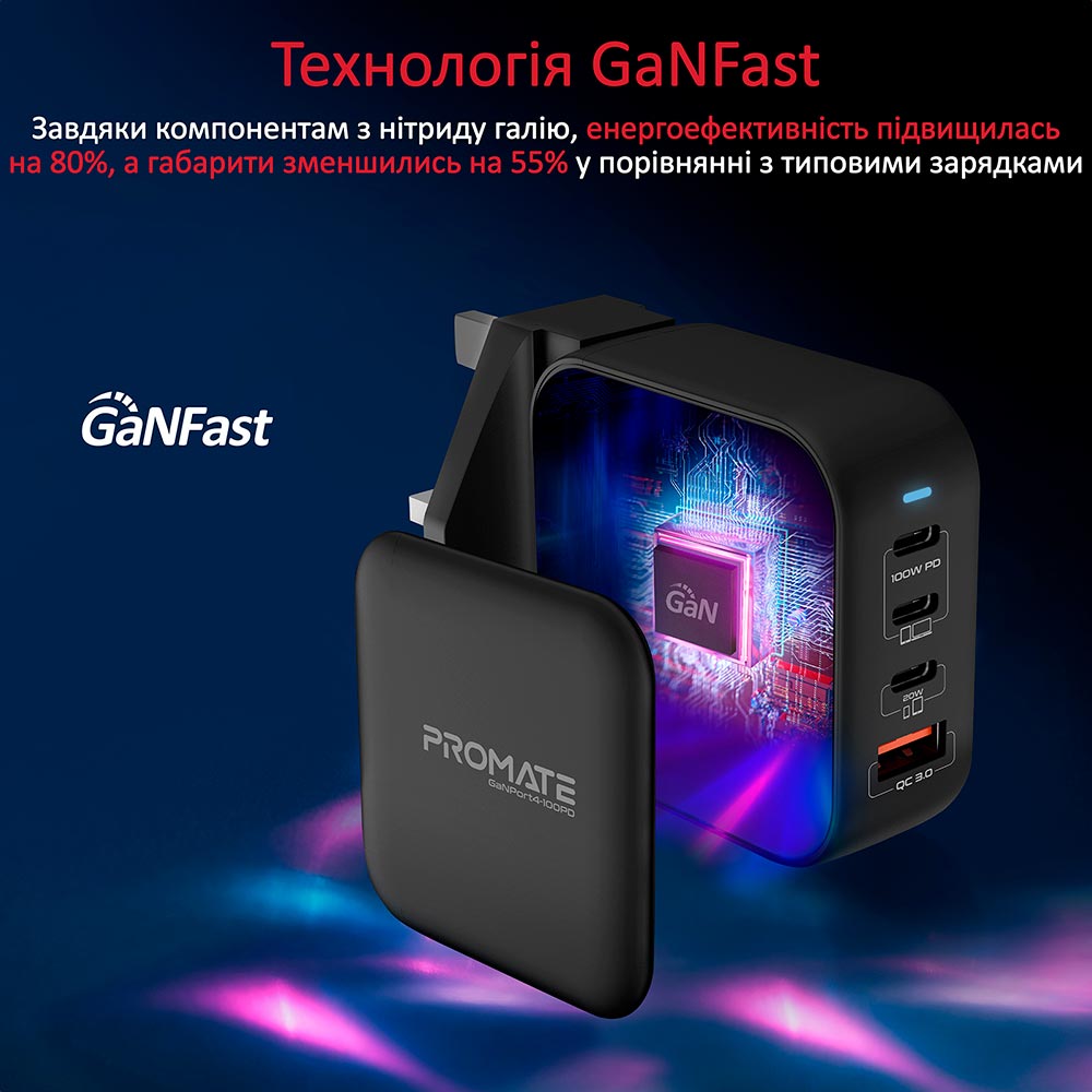 Сетевое зарядное устройство Promate GaNPort4-100PD 100 Вт 3 х USB-C + USB-A Black (ganport4-100pd.black) Кабель отсутствует