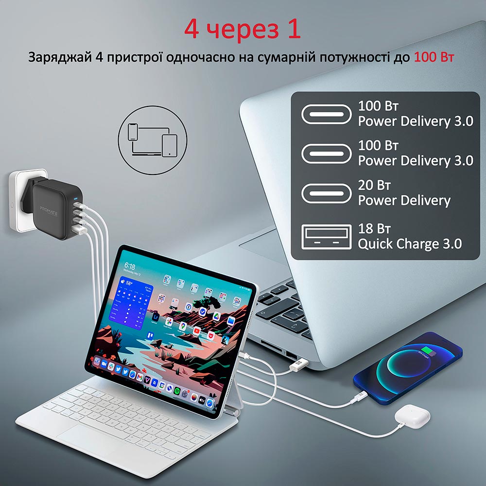 Мережевий зарядний пристрій Promate GaNPort4-100PD 100 Вт 3 х USB-C + USB-A Black (ganport4-100pd.black) Вихідний роз'єм USB