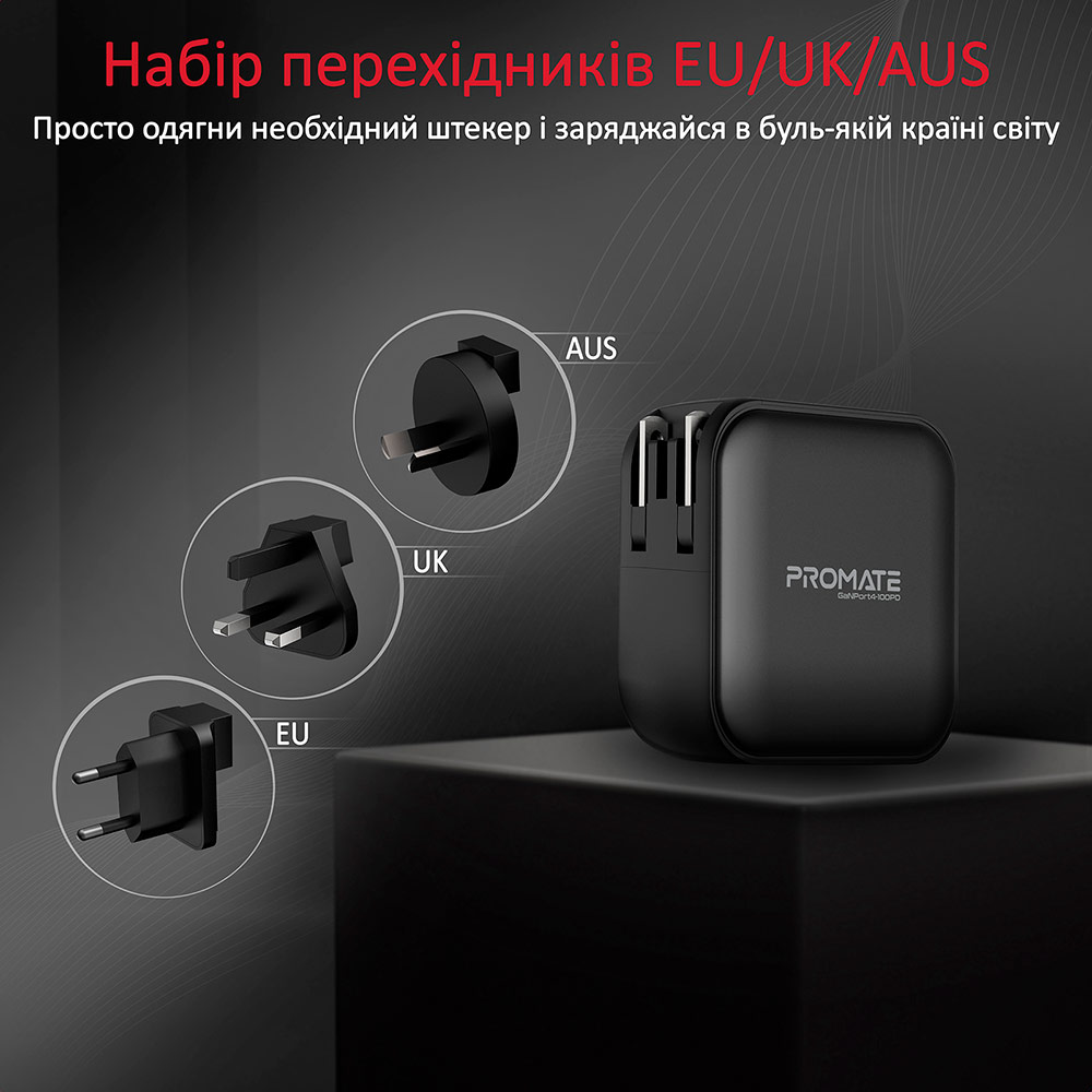 Мережевий зарядний пристрій Promate GaNPort4-100PD 100 Вт 3 х USB-C + USB-A Black (ganport4-100pd.black) Вихідний роз'єм USB Type-C