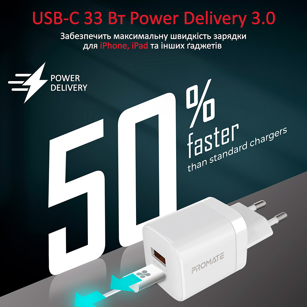 Зарядний пристрій Promate PowerPort 33 Вт USB-C + USB-A White (powerport-33.white) Вихідний роз'єм USB Type-C