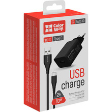 Сетевое зарядное устройство ColorWay 1USB Auto ID 2A (10W) Black + кабель Type-C (CW-CHS012CC-BK)