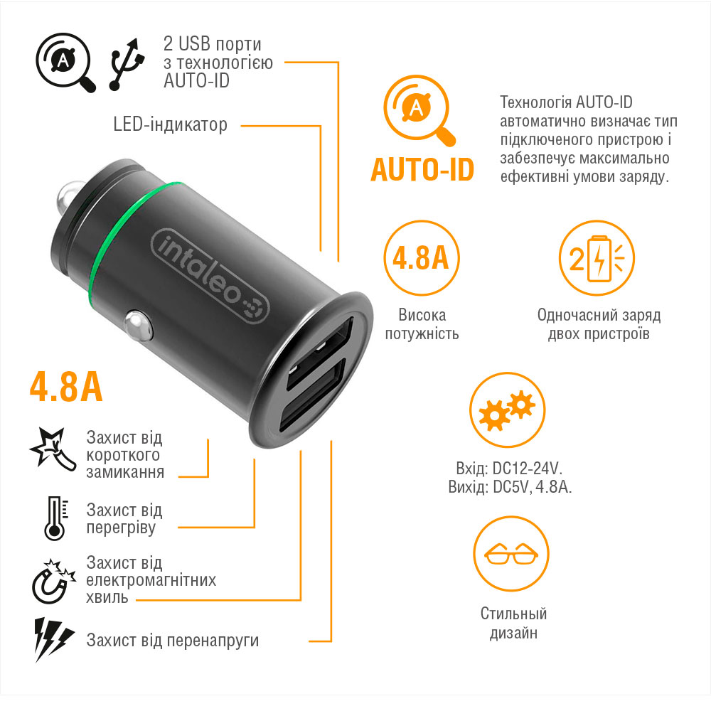 Автомобільний зарядний пристрій INTALEO CCG482 2USB 4.8A Gray (1283126521553) Тип автомобільний зарядний пристрій