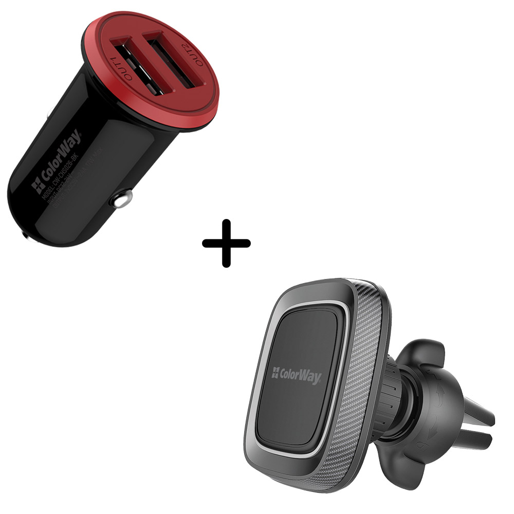 Автомобільний зарядний пристрій COLORWAY 2USB 3.4A(17W) + магнітний утримувач Air Vent-2 (CW-CHM05-GR/CHA026-BK) Автомобільний зарядний пристрій COLORWAY 2USB 3.4A(17W) + магнітний утримувач Air Vent-2 (CW-CHM05-GR/CHA026-BK)