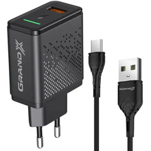 Сетевое зарядное устройство GRAND-X Fast Charge 3-в-1 QC3.0, FCP, AFC, 18W Black + cable TypeC (CH-650T)