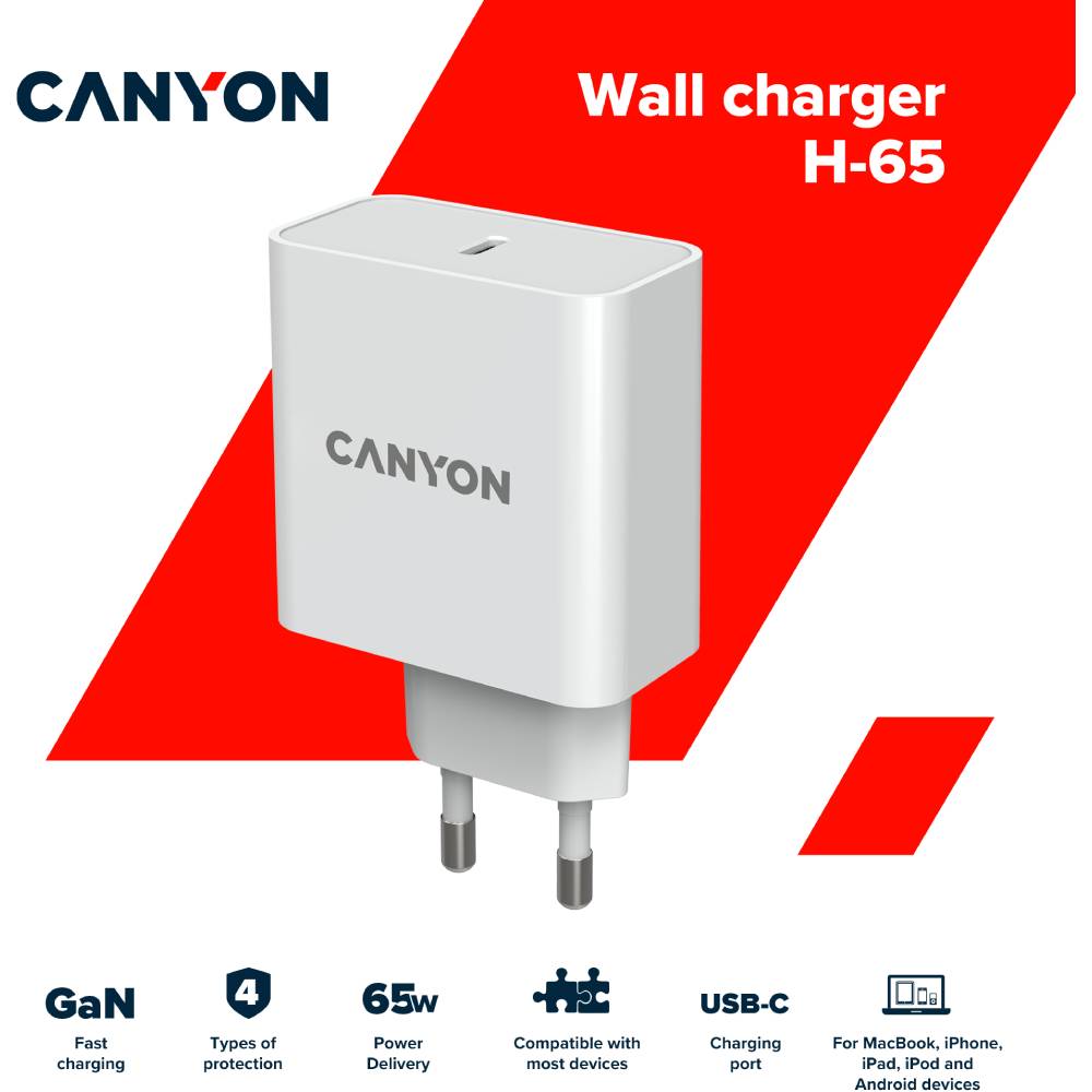 Мережевий зарядний пристрій CANYON CND-CHA65W01 65W White Вихідний роз'єм USB Type-C