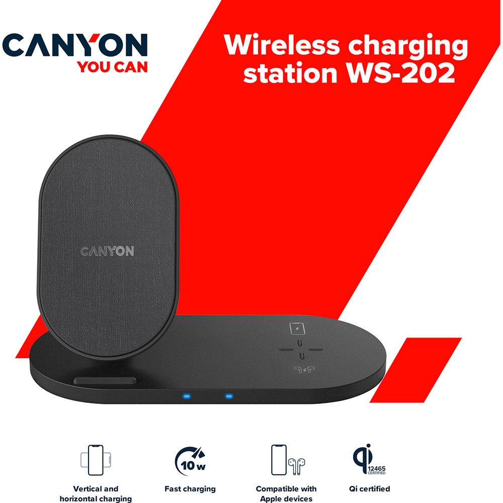 Беспроводное зарядное устройство CANYON WS-202 2в1 10W+5W QI Black (CNS-WCS202B) Тип кабеля USB х USB Type-С