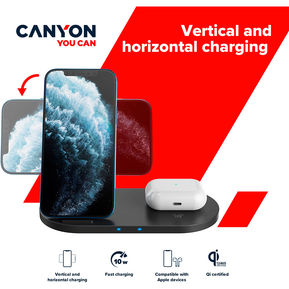 Беспроводное зарядное устройство CANYON WS-202 2в1 10W+5W QI Black (CNS-WCS202B) Особенности Материал: Поликарбонат/полиуретан/АБС-пластик; 