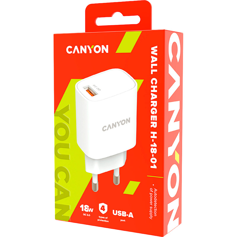 Мережевий зарядний пристрій CANYON CNE-CHA18W 18W White Кабель відсутній