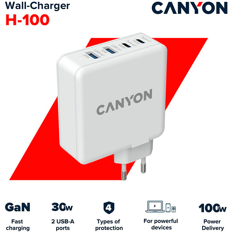 Сетевое зарядное устройство CANYON H-100 100W White (CND-CHA100W01) Кабель отсутствует
