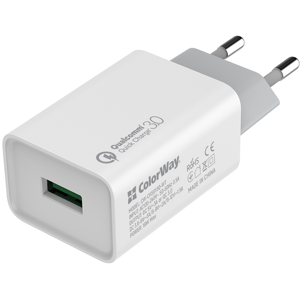Зарядний пристрій COLORWAY Quick Charge 3.0 WT + Кабель USB Type-C 2.4А 1м (CW-CHS013Q/CW-CBUC018-MC) Тип мережевий зарядний пристрій