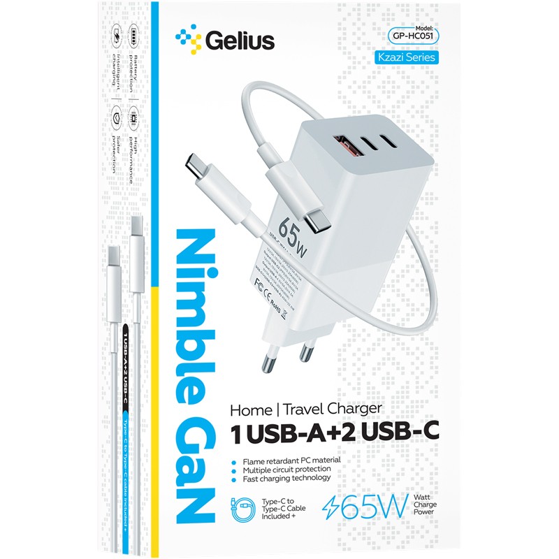 Сетевое зарядное устройство GELIUS Nimble GaN 65W GP-HC051 White (90473) Тип сетевое зарядное устройство