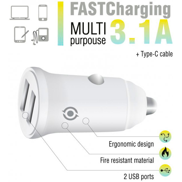 Автомобильное зарядное устройство PIKO CC-312 White (1283126538803) Кабель съемный
