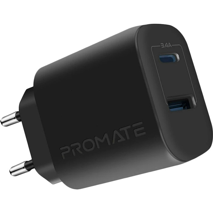 Зарядний пристрій Promate BiPlug-2 17 Вт USB-C+USB-A Black (biplug-2.black)