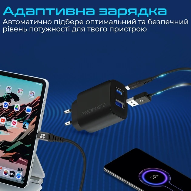 Сетевое зарядное устройство Promate BiPlug-2 17 Вт USB-C+USB-A Black (biplug-2.black) Кабель отсутствует