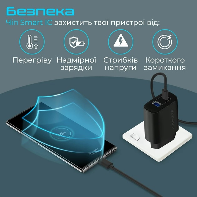 Сетевое зарядное устройство Promate BiPlug-2 17 Вт USB-C+USB-A Black (biplug-2.black) Выходной разъем USB 