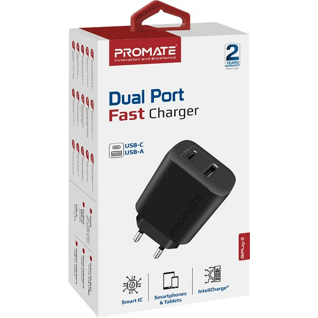 Фото Зарядний пристрій Promate BiPlug-2 17 Вт USB-C+USB-A Black (biplug-2.black)