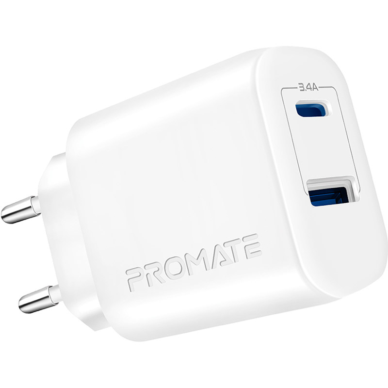 Зарядний пристрій Promate BiPlug-2 17 Вт USB-C+USB-A White (biplug-2.white)