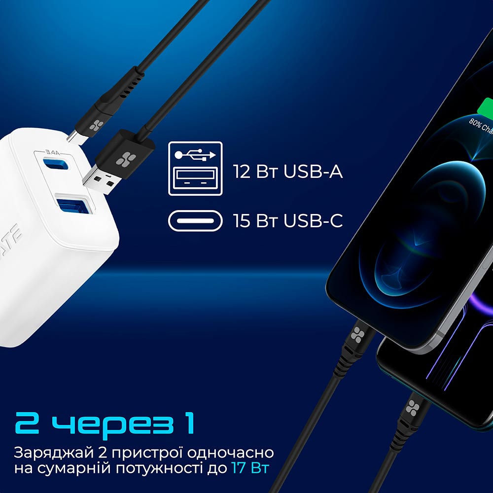 Зарядний пристрій Promate BiPlug-2 17 Вт USB-C+USB-A White (biplug-2.white) Тип мережевий зарядний пристрій