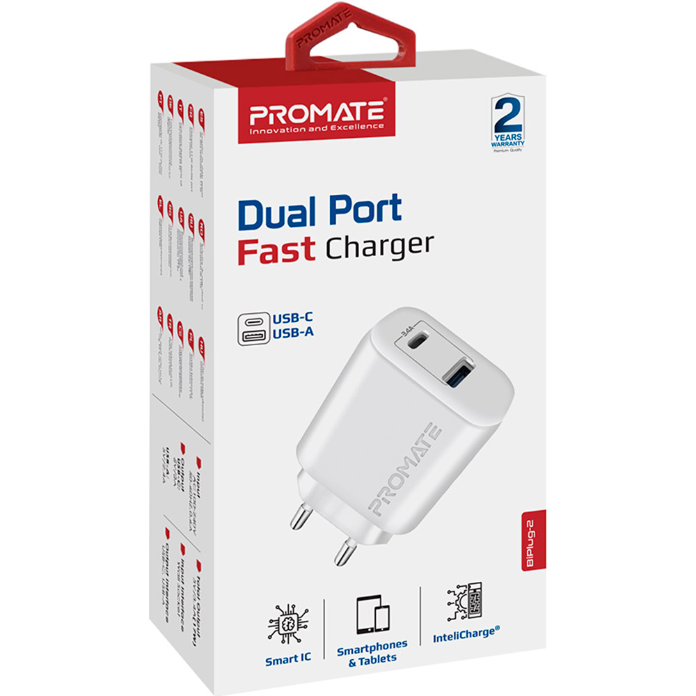 Фото Зарядний пристрій Promate BiPlug-2 17 Вт USB-C+USB-A White (biplug-2.white)