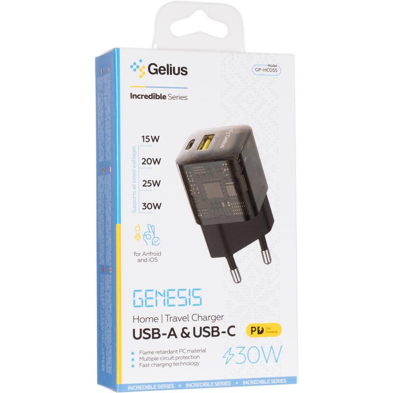 Замовити Зарядний пристрій Gelius Genesis GP-HC055 USB+Type-C 30W GaN (Incredible series) Transparent Black