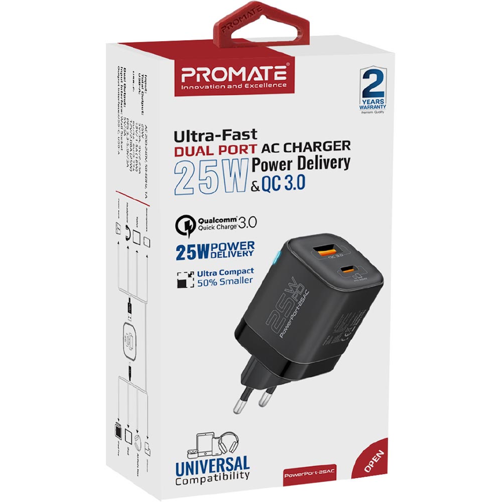 Зарядний пристрій PROMATE Powerport-25ac Black (powerport-25ac.black) Тип мережевий зарядний пристрій