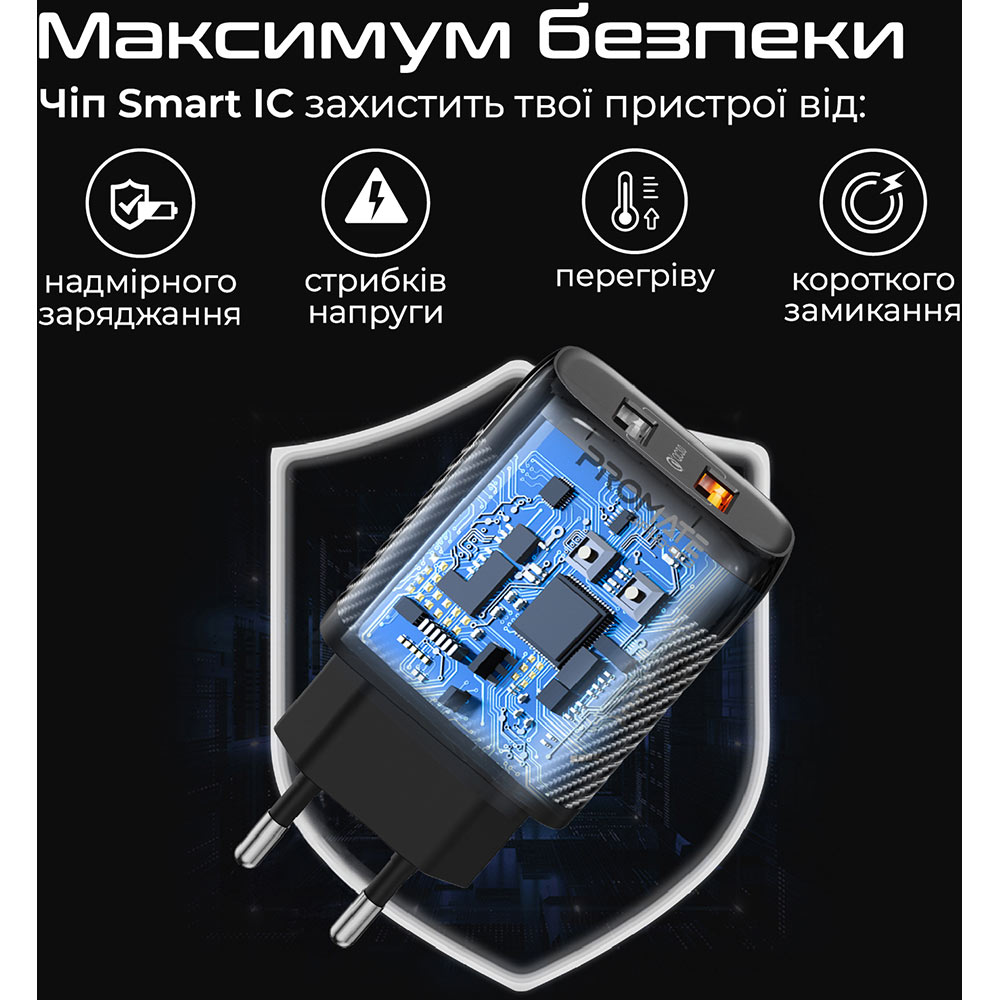 Зовнішній вигляд Зарядний пристрій PROMATE Biplug-QC3 (biplug-qc3.eu-bk)