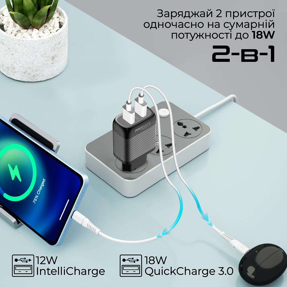 Зарядний пристрій PROMATE Biplug-QC3 (biplug-qc3.eu-bk) Кабель відсутній