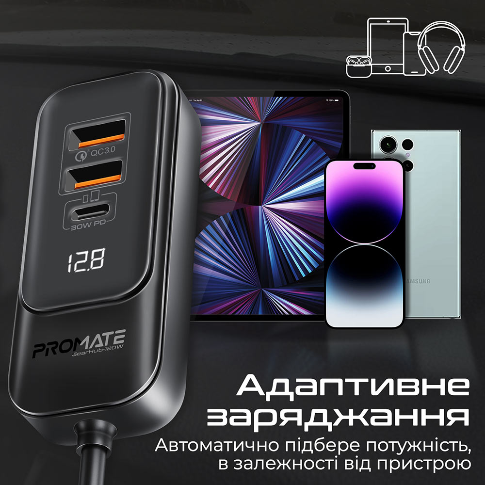 Зовнішній вигляд Автомобільний зарядний пристрій PROMATE Gearhub-120W (gearhub-120w.black)