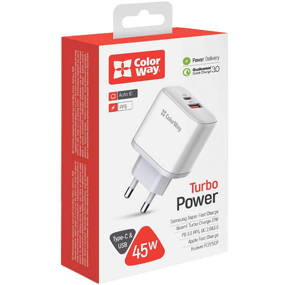 Изображение Сетевое зарядное устройство COLORWAY GaN3 45W PPS USB+Type-C QC3/PD White (CW-CHS042PD-WT)