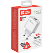 Сетевое зарядное устройство COLORWAY GaN3 45W PPS USB+Type-C QC3/PD White (CW-CHS042PD-WT)