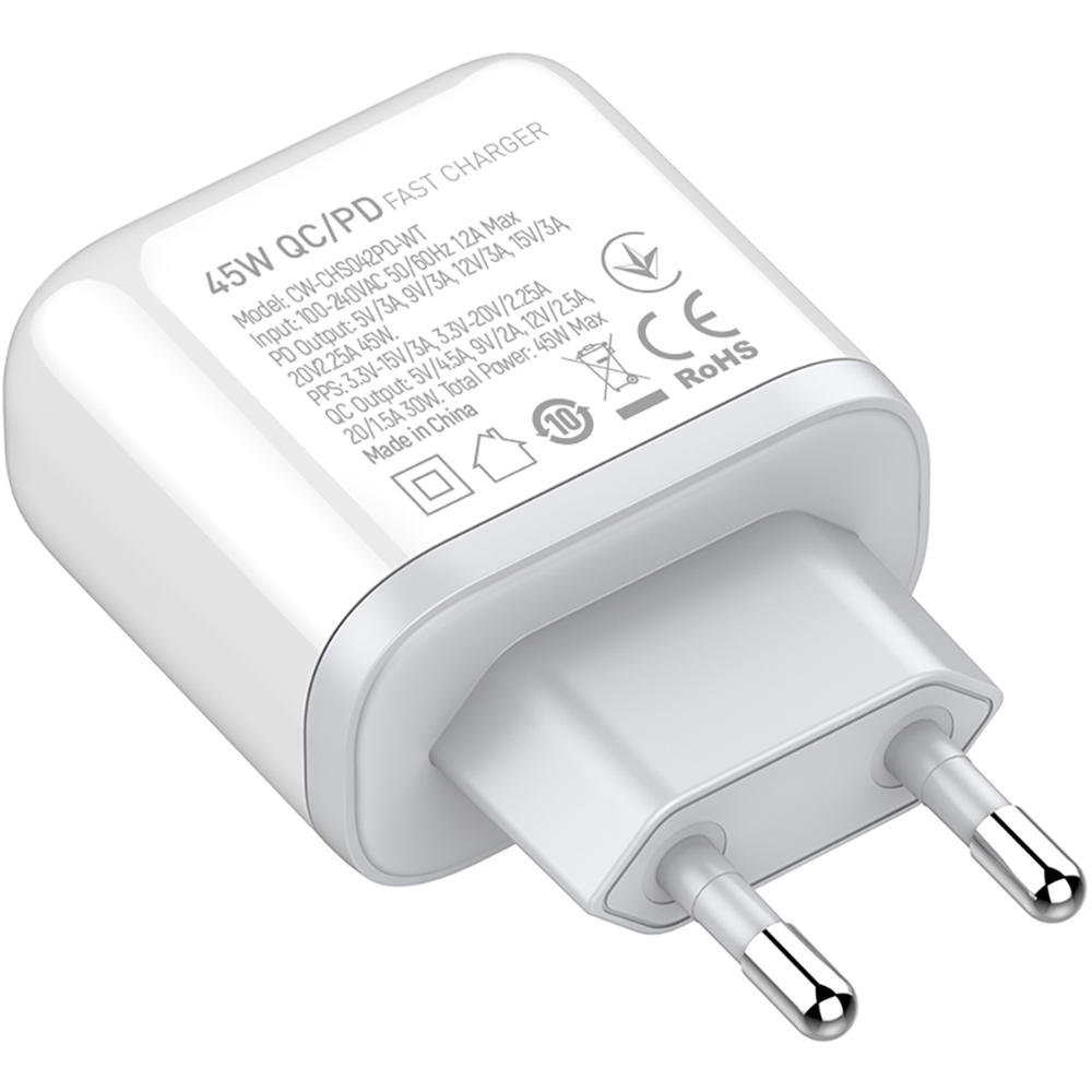 Сетевое зарядное устройство COLORWAY GaN3 45W PPS USB+Type-C QC3/PD White (CW-CHS042PD-WT) Кабель отсутствует