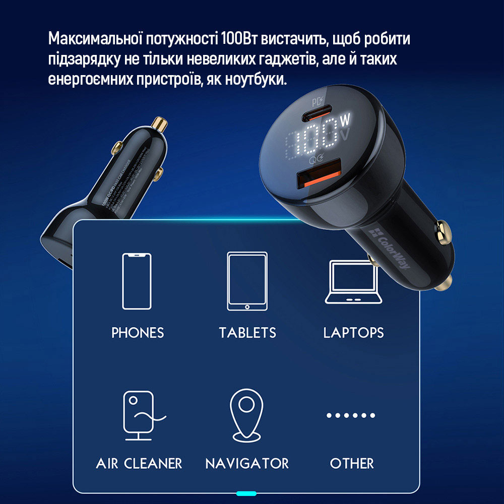 Фото 14 Зарядний пристрій COLORWAY 100W PPS USB+Type-C QC4/PD Black (CW-CHA044PD-BK)