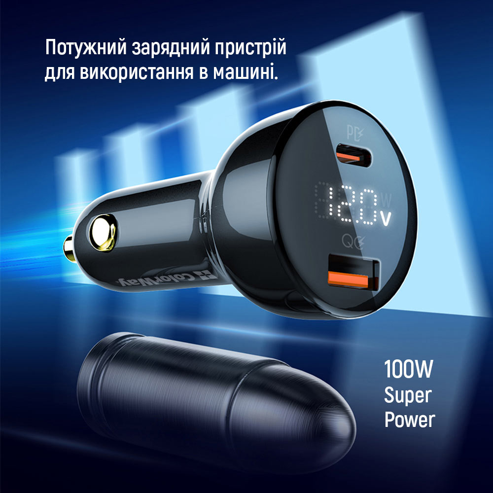 В Україні Зарядний пристрій COLORWAY 100W PPS USB+Type-C QC4/PD Black (CW-CHA044PD-BK)