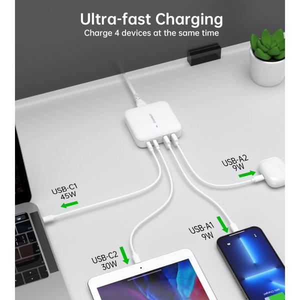 Сетевое зарядное устройство CHOETECH GaN 100 Вт (PD8008-EU-WH) Кабель отсутствует