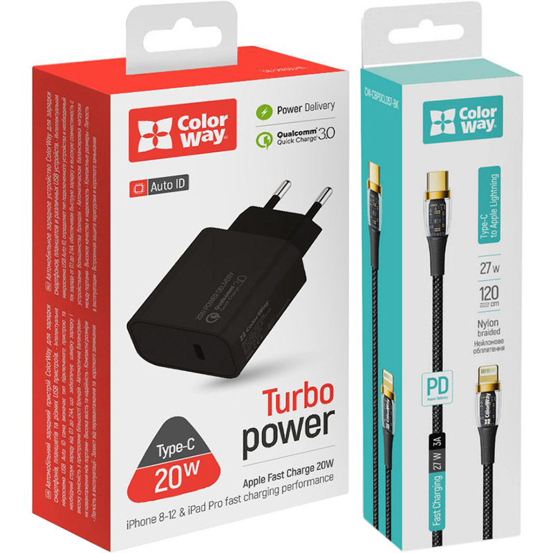Сетевое зарядное устройство COLORWAY USB-C PD 20W +USB-C-Light 27W 1.2м Black (CW-CHS026PD-BK/CBPDCL057) Тип сетевое зарядное устройство