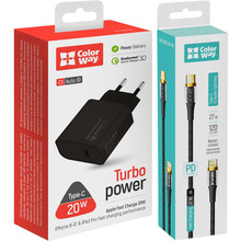Сетевое зарядное устройство COLORWAY USB-C PD 20W +USB-C-Light 27W 1.2м Black (CW-CHS026PD-BK/CBPDCL057)