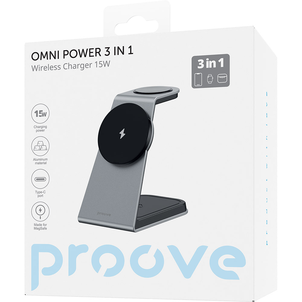 Замовити Бездротовий зарядний пристрій PROOVE Omni Power 3 in 1 Gray (55539)