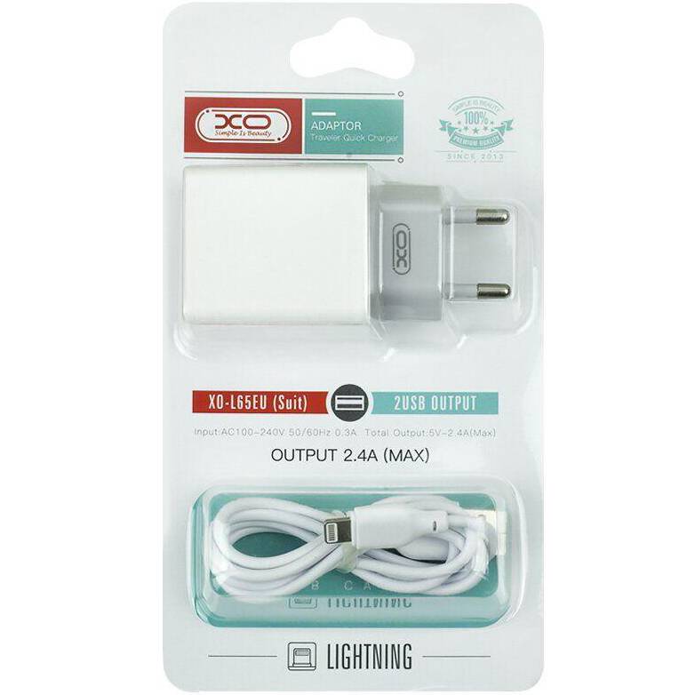 Зарядний пристрій XO L65EU 2.4A USBx2 +Lightning (L65EU+Lightning) Тип кабелю USB х Lightning