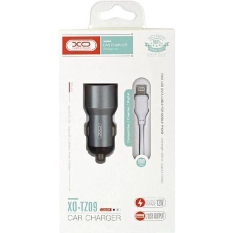 Автомобильное зарядное устройство XO TZ09 2.4A/2 USB + кабель lightning Grey (XO-TZ09L-GR) Кабель съемный